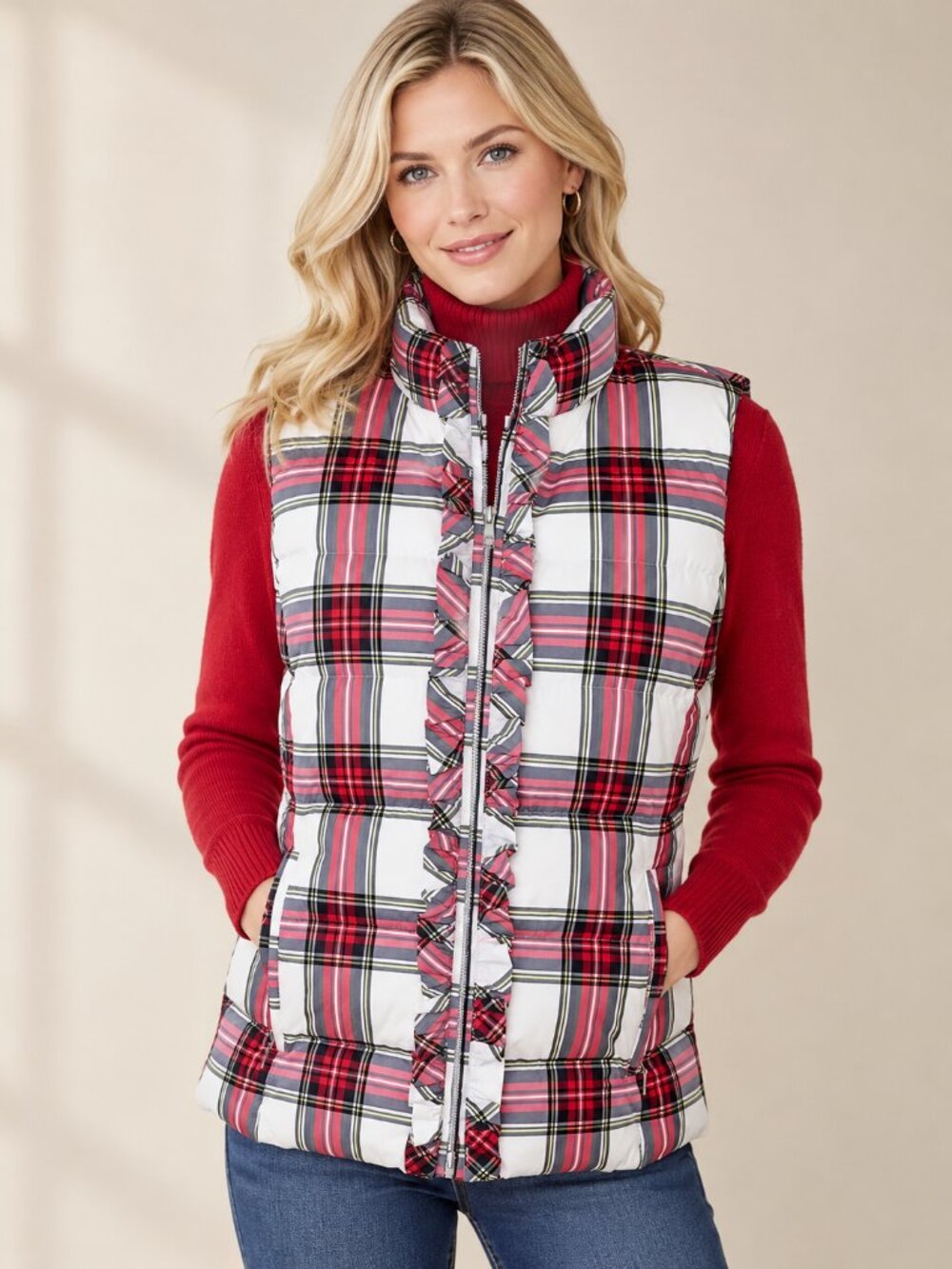 Talbots Women's M Plaid Ruffle Front Down Puffer Vest 90% Down Fill NWOT